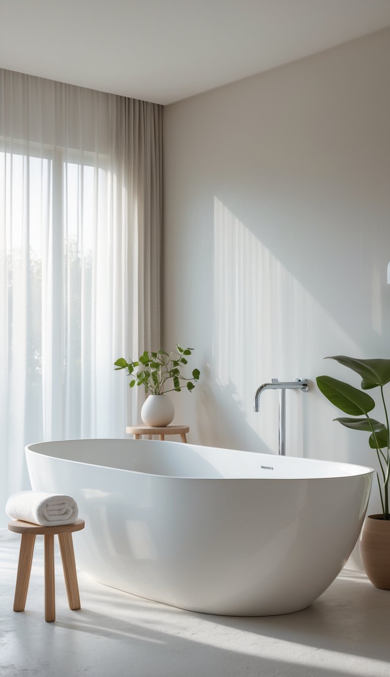 13 Elegant Bathroom Decor Ideas to Transform Small and Large Spaces with Timeless Style 2 A freestanding soaking tub centered in a bright bathroom with a wooden stool, white towel, green plant, and natural light coming through a window.