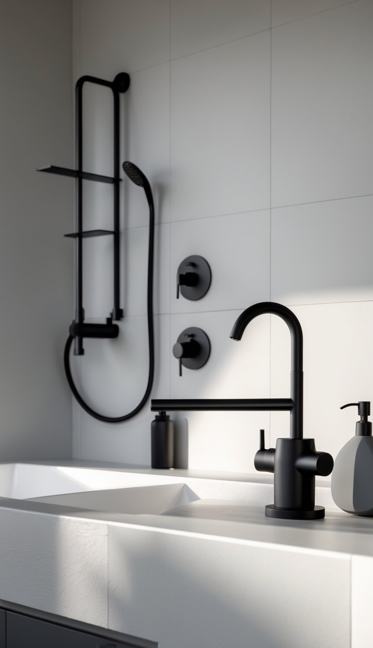 13 Elegant Bathroom Decor Ideas to Transform Small and Large Spaces with Timeless Style 3 A modern bathroom with matte black faucet, showerhead, and towel rack, featuring a clean white countertop and soft natural lighting.