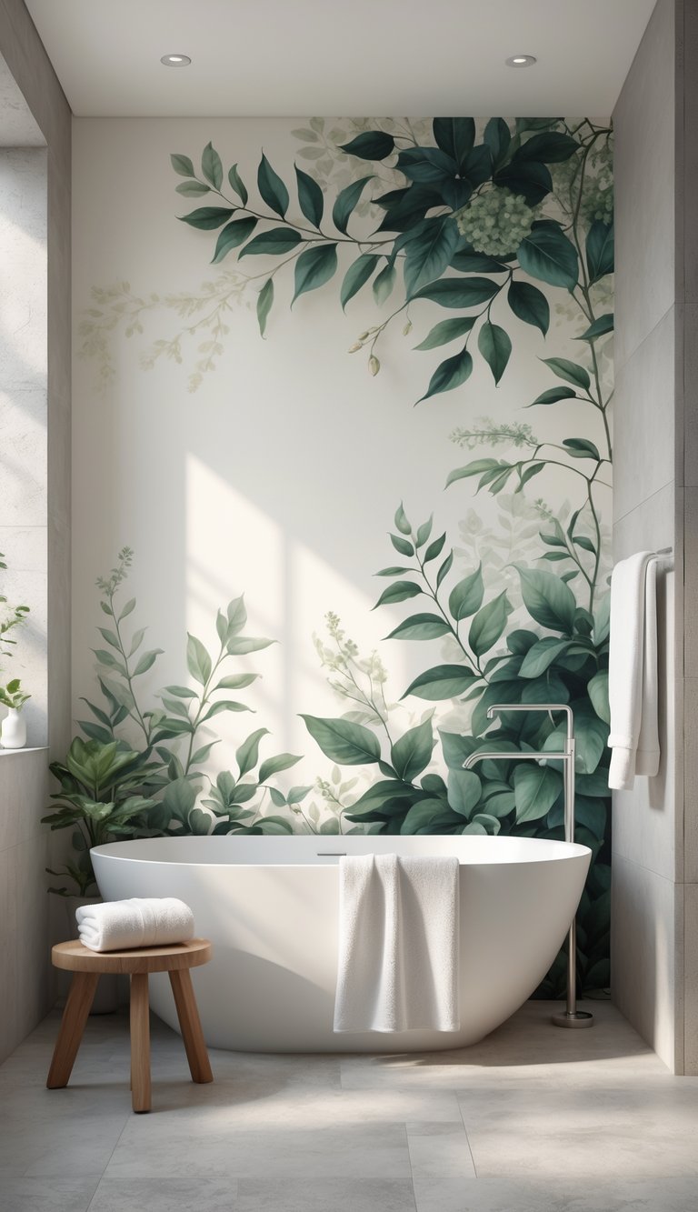 13 Elegant Bathroom Decor Ideas to Transform Small and Large Spaces with Timeless Style 4 A modern bathroom with a freestanding bathtub and a large botanical wall mural featuring green leaves and flowers.