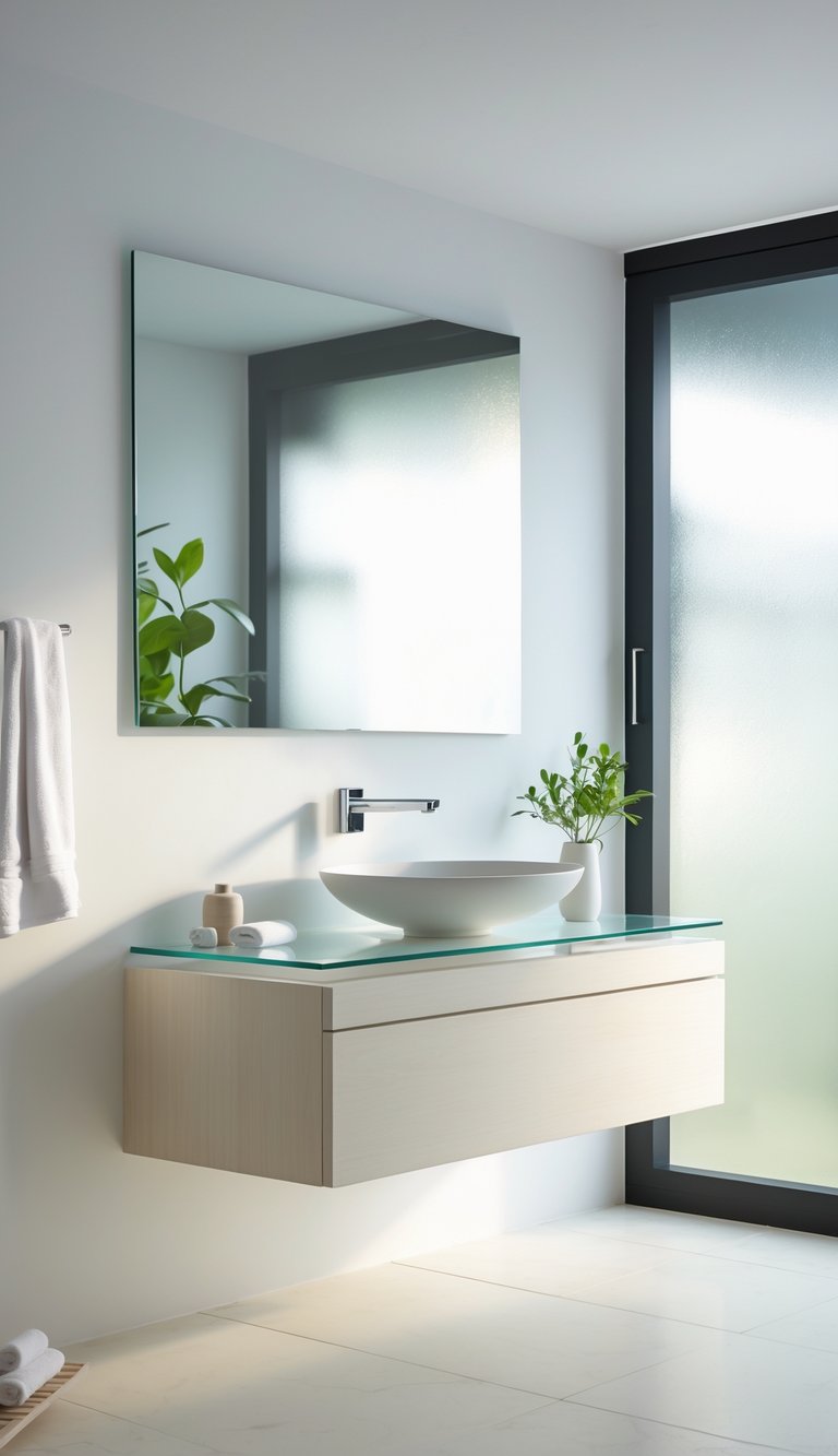 13 Elegant Bathroom Decor Ideas to Transform Small and Large Spaces with Timeless Style 5 A bathroom with a floating vanity, a vessel sink, and natural light coming through a window.