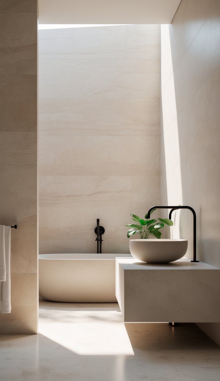 13 Elegant Bathroom Decor Ideas to Transform Small and Large Spaces with Timeless Style 7 A minimalist bathroom with smooth stone walls, a freestanding bathtub, a stone vanity with a vessel sink, and a small green plant.