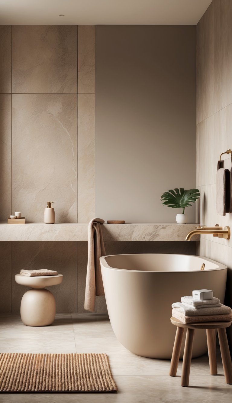 13 Elegant Bathroom Decor Ideas to Transform Small and Large Spaces with Timeless Style 8 A bathroom with a freestanding bathtub, gold fixtures, wooden accents, and soft beige and gray tones.