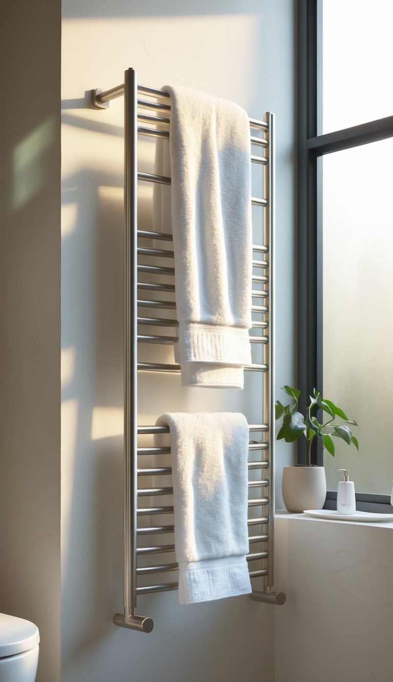 13 Elegant Bathroom Decor Ideas to Transform Small and Large Spaces with Timeless Style 9 Modern bathroom with a heated towel rack holding white towels and minimal decor including a small plant and toiletries.
