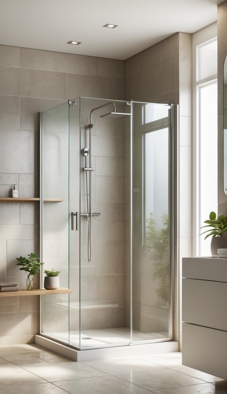 13 Elegant Bathroom Decor Ideas to Transform Small and Large Spaces with Timeless Style 10 A modern bathroom with a frameless glass shower enclosure, neutral tiles, a wooden shelf with a small plant, and a white vanity with a mirror.