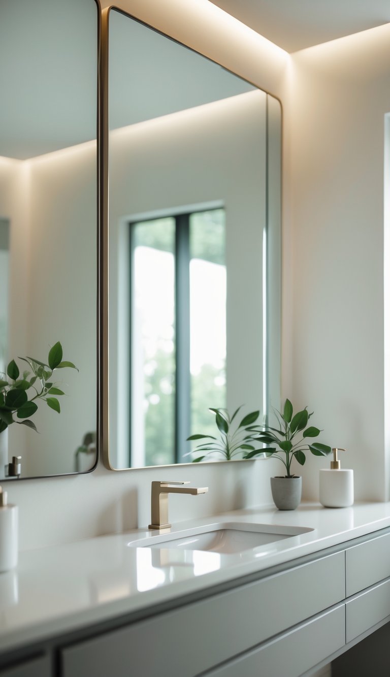 13 Elegant Bathroom Decor Ideas to Transform Small and Large Spaces with Timeless Style 11 A modern bathroom with large framed mirrors above a clean vanity, soft lighting, and minimal decor including a small plant and soap dispenser.