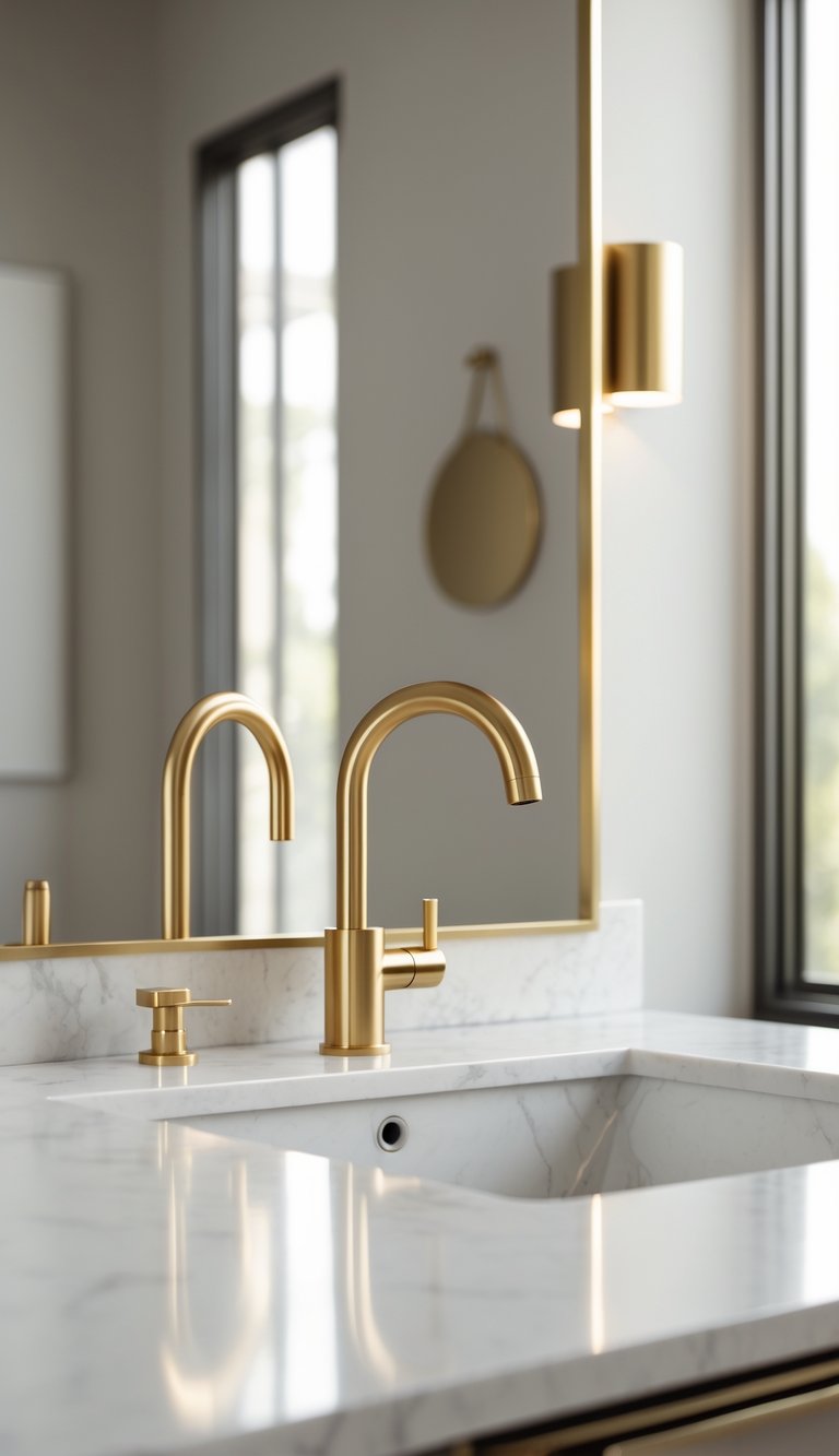 13 Elegant Bathroom Decor Ideas to Transform Small and Large Spaces with Timeless Style 12 A bathroom sink area with gold brushed faucet and matching fixtures on a white marble countertop, with a mirror and neutral walls in the background.