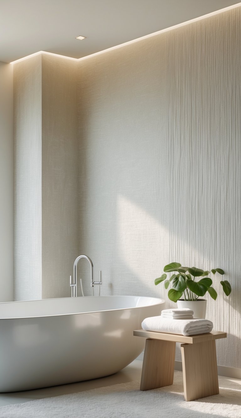 13 Elegant Bathroom Decor Ideas to Transform Small and Large Spaces with Timeless Style 13 A modern bathroom with a freestanding bathtub, textured soft-colored wallcoverings, a wooden stool with a towel and plant, and soft natural lighting.