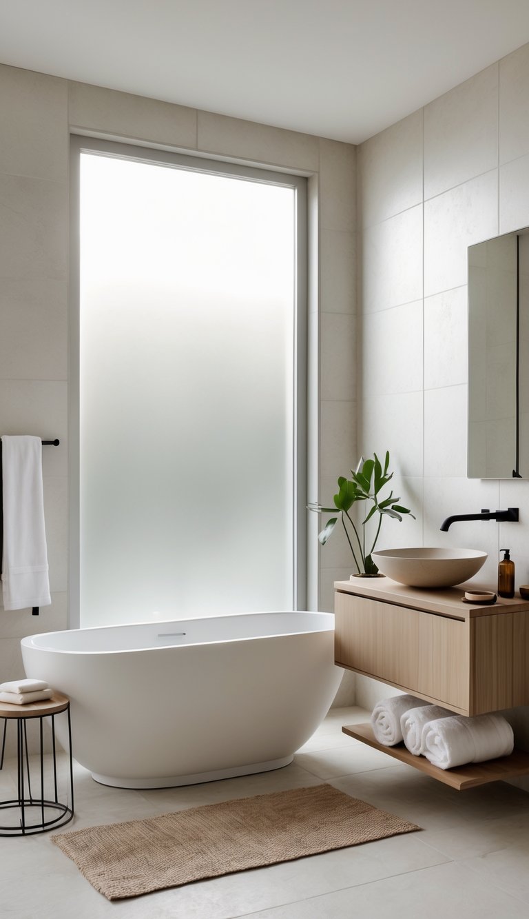 13 Elegant Bathroom Decor Ideas to Transform Small and Large Spaces with Timeless Style 14 A bright bathroom with a freestanding bathtub, wooden vanity with a vessel sink, a small green plant, and neatly arranged towels.