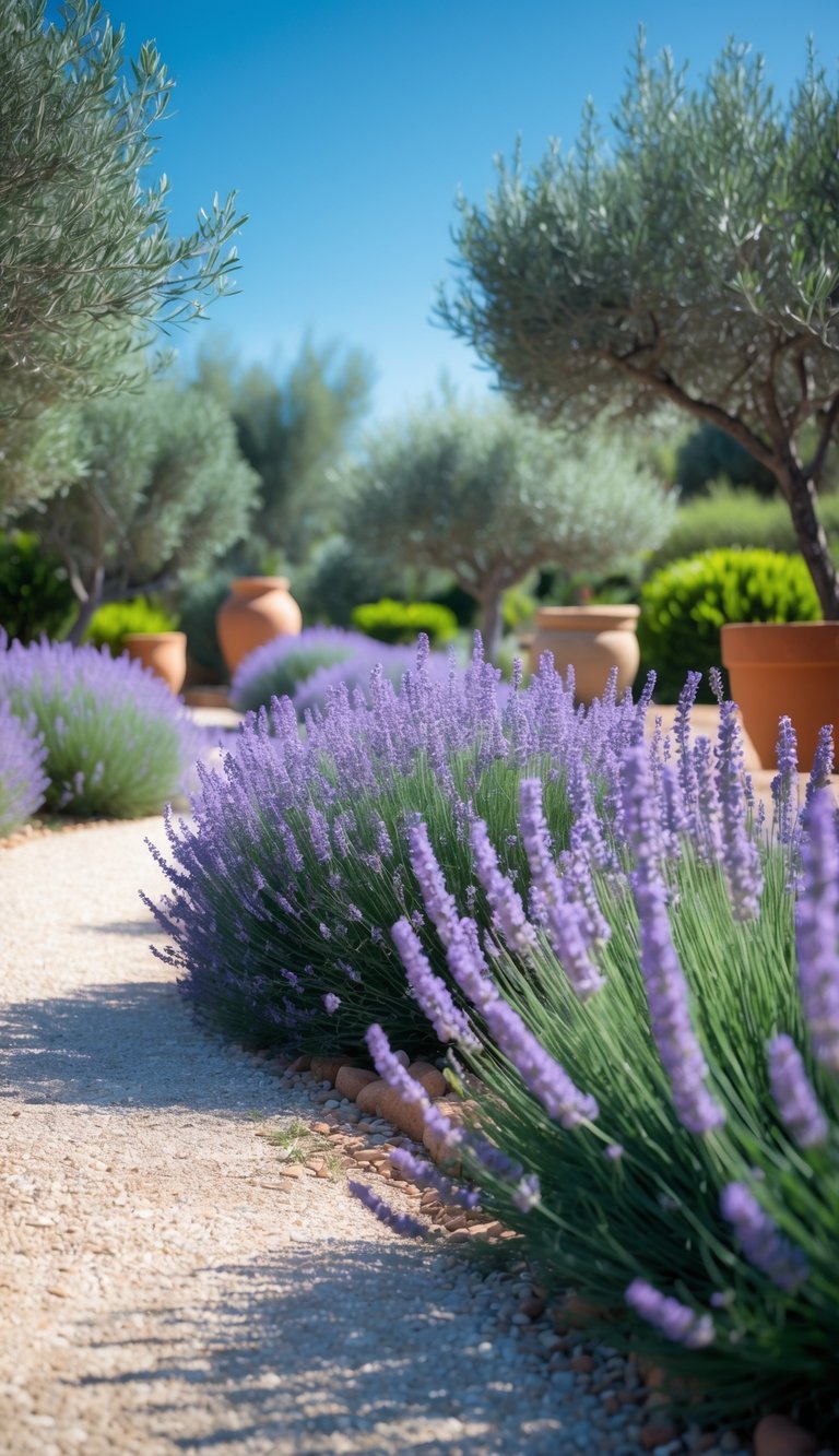 13 Mediterranean Garden Ideas to Transform Small Yards 2 A stone pathway winding through blooming lavender plants in a Mediterranean garden with olive trees and terracotta pots in the background.