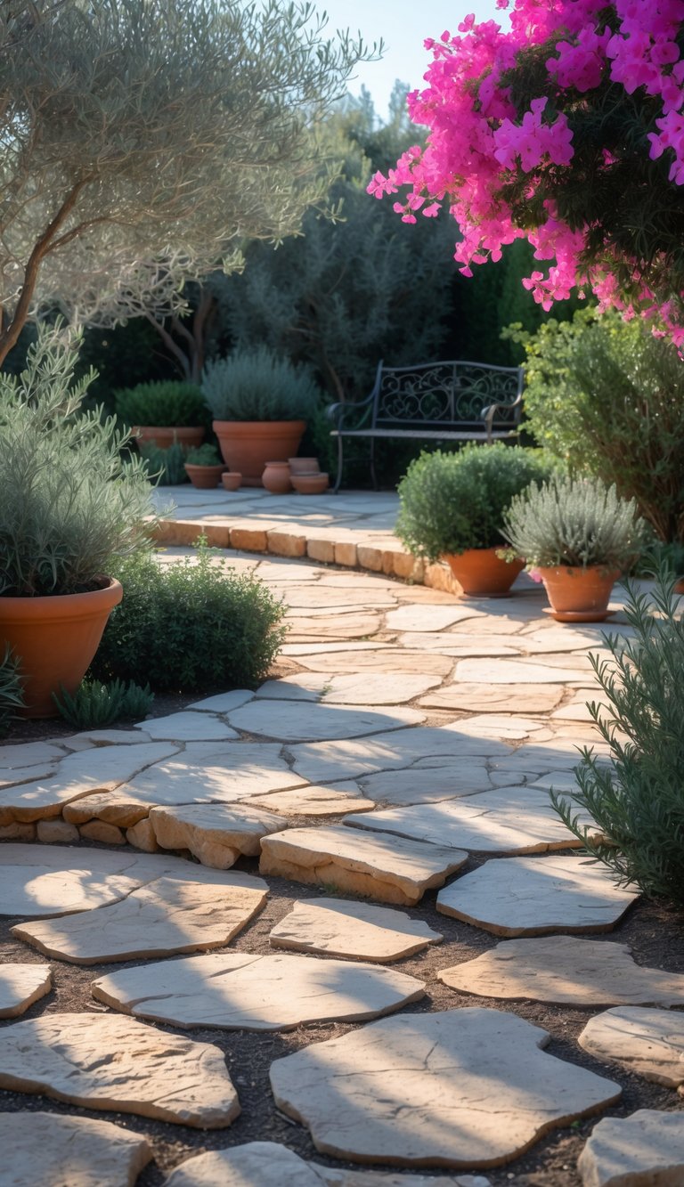 13 Mediterranean Garden Ideas to Transform Small Yards 3 Natural stone patio and winding walkway surrounded by Mediterranean plants including olive trees, lavender, rosemary, and bougainvillea in a garden setting.