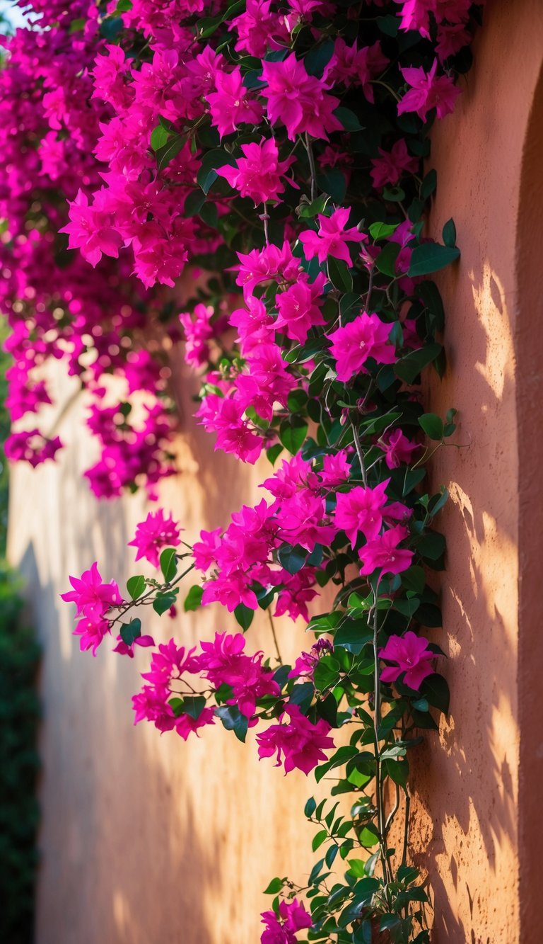 13 Mediterranean Garden Ideas to Transform Small Yards 4 Bright pink bougainvillea flowers climbing a sunlit Mediterranean-style wall.