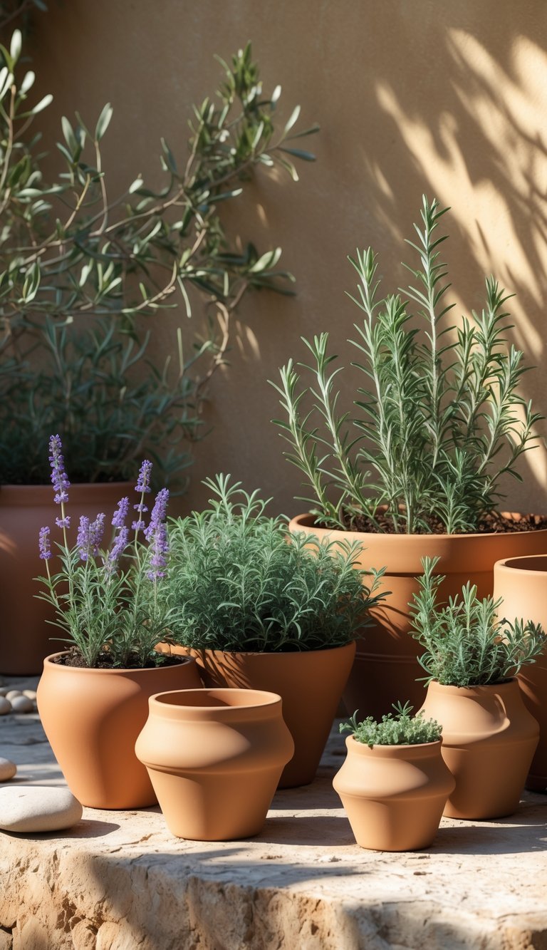 13 Mediterranean Garden Ideas to Transform Small Yards 5 Terracotta pots with green herbs and small flowering plants arranged outdoors on a stone surface with natural sunlight.