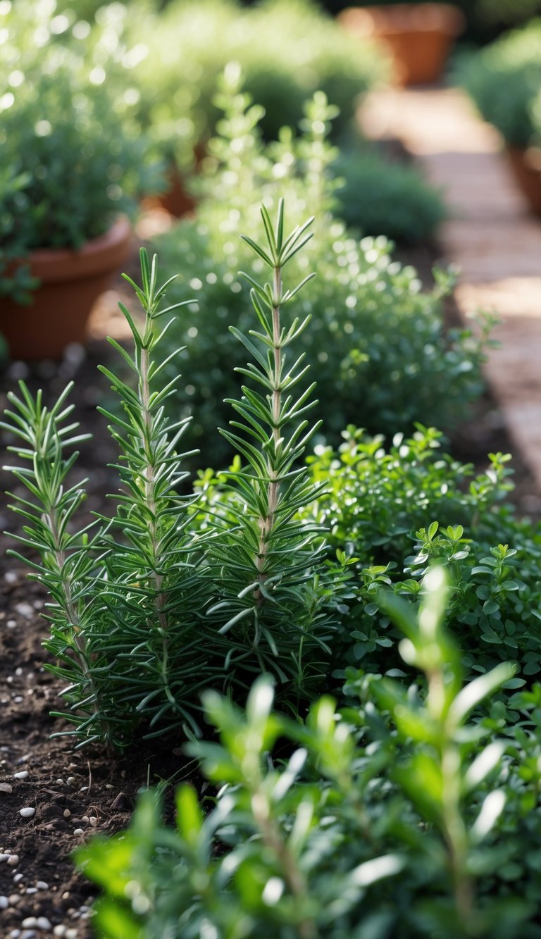 13 Mediterranean Garden Ideas to Transform Small Yards 6 Close-up of a garden with green rosemary and thyme plants growing in neat rows.