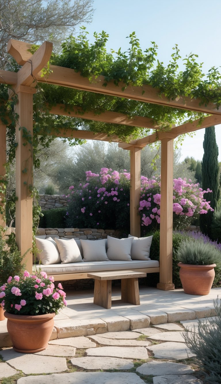 13 Mediterranean Garden Ideas to Transform Small Yards 7 Shaded wooden pergola with seating surrounded by Mediterranean plants and stone pathways.