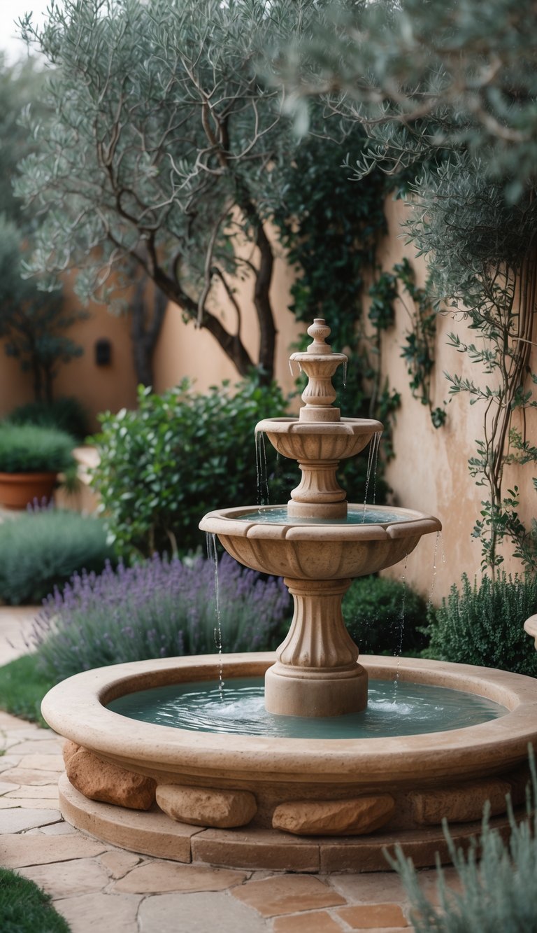 13 Mediterranean Garden Ideas to Transform Small Yards 8 A stone water fountain surrounded by Mediterranean plants including olive trees and lavender in a garden.