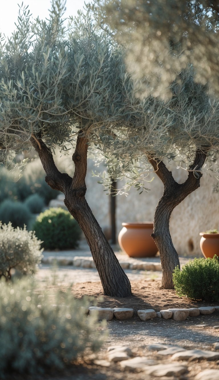13 Mediterranean Garden Ideas to Transform Small Yards 9 A peaceful garden scene with olive trees, stone pathways, and terracotta pots under soft sunlight.