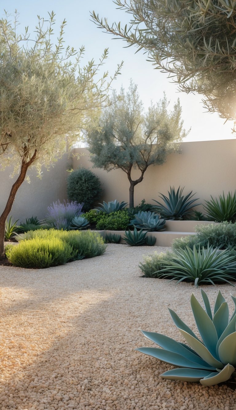 13 Mediterranean Garden Ideas to Transform Small Yards 10 A Mediterranean garden with gravel ground cover and drought-tolerant plants like olive trees, lavender, and rosemary.