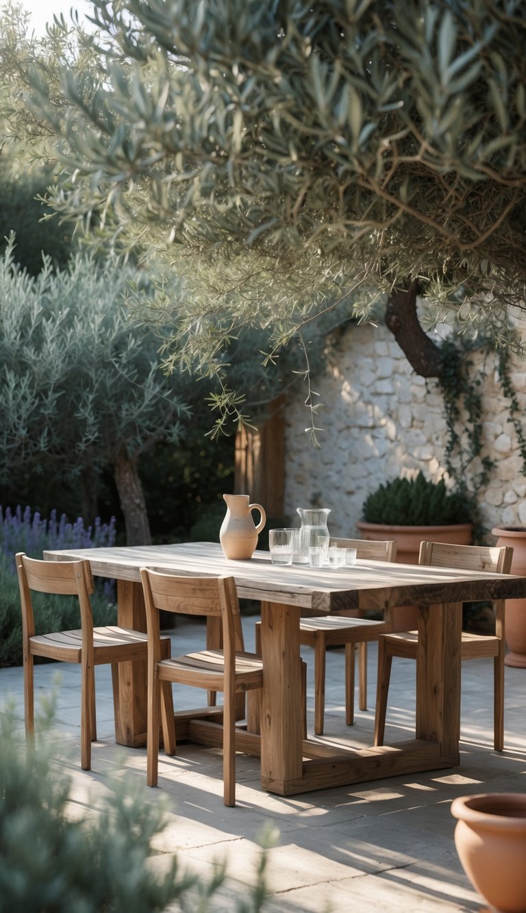 13 Mediterranean Garden Ideas to Transform Small Yards 11 Outdoor dining area with rustic wooden table and chairs surrounded by Mediterranean garden plants and stone patio.