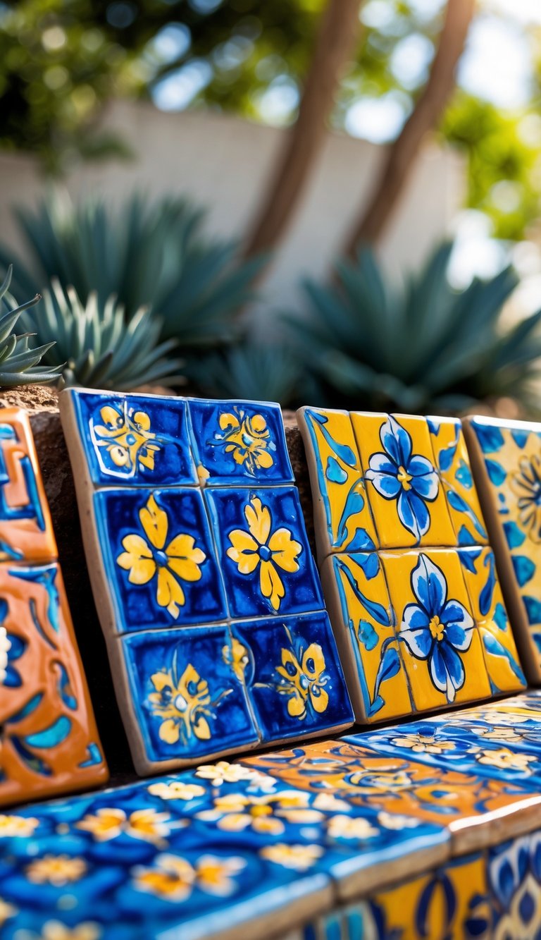 13 Mediterranean Garden Ideas to Transform Small Yards 12 Close-up of colorful ceramic tiles with intricate patterns in a garden setting.