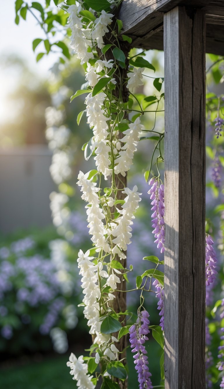 13 Mediterranean Garden Ideas to Transform Small Yards 13 Close-up of climbing jasmine or wisteria flowers on a wooden trellis in a Mediterranean garden.