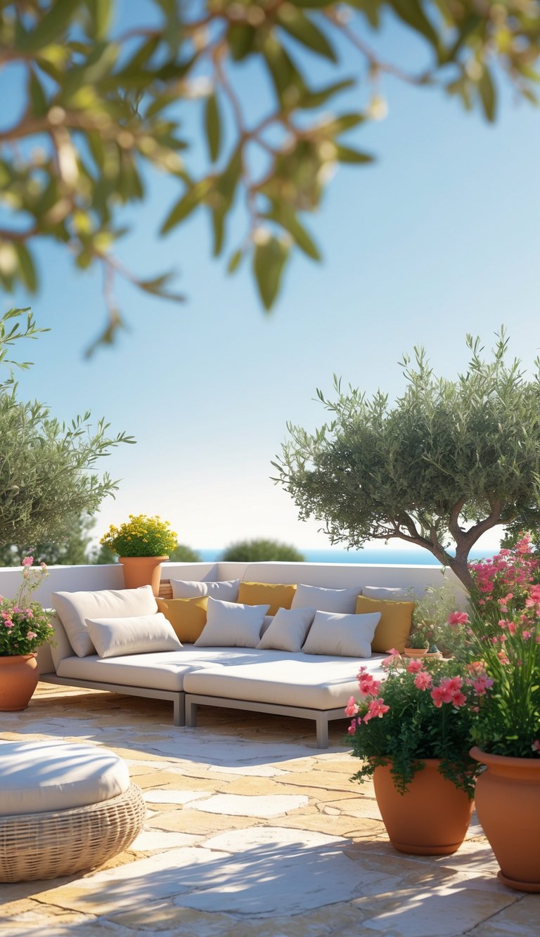 13 Mediterranean Garden Ideas to Transform Small Yards 14 A sunlit terrace with comfortable lounge chairs, potted plants, and Mediterranean greenery under a clear blue sky.