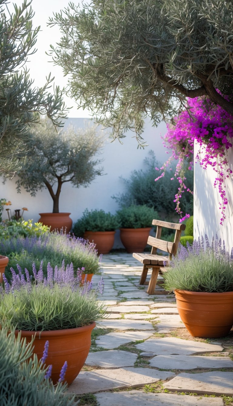 13 Mediterranean Garden Ideas to Transform Small Yards 15 Sunlit Mediterranean garden with stone pathways, terracotta pots of lavender and rosemary, olive trees, and a wooden bench under a leafy tree.