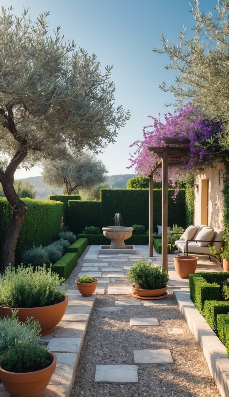 13 Mediterranean Garden Ideas to Transform Small Yards 16 A sunlit Mediterranean garden with olive trees, terracotta pots of herbs, stone pathways, a wooden pergola with climbing flowers, and a small seating area.