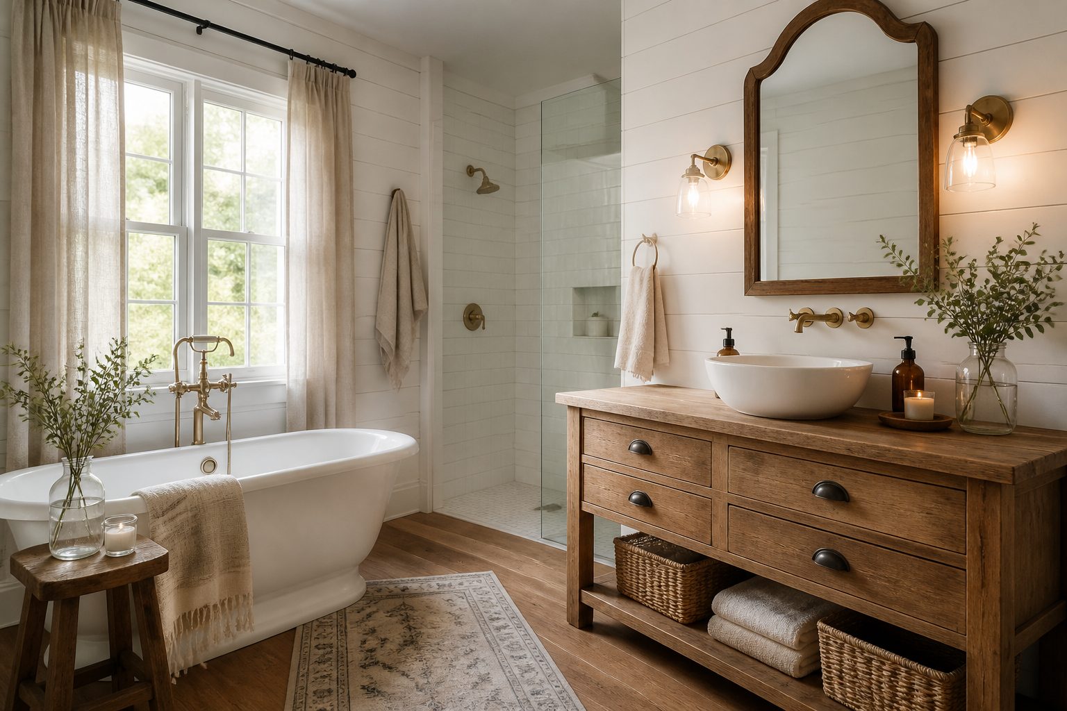 how to design a farmhouse bathroom