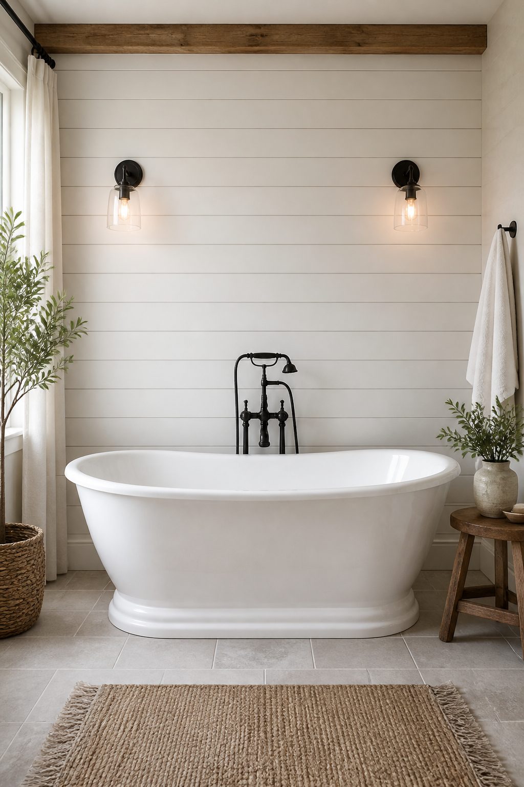 how to design a farmhouse bathroom 2 Freestanding white farmhouse bathtub against shiplap accent wall