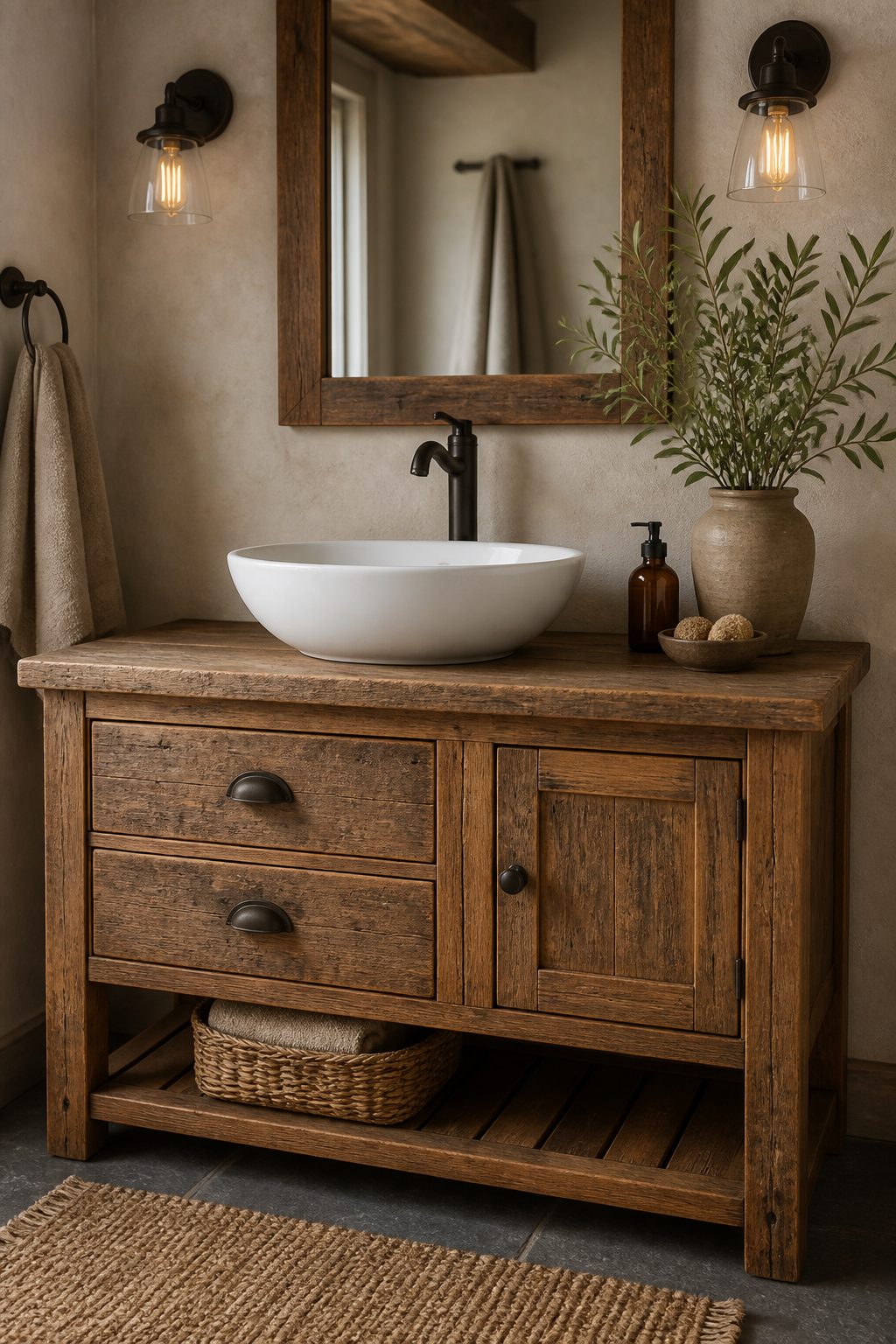 how to design a farmhouse bathroom 3 Rustic wooden bathroom vanity with white vessel sink