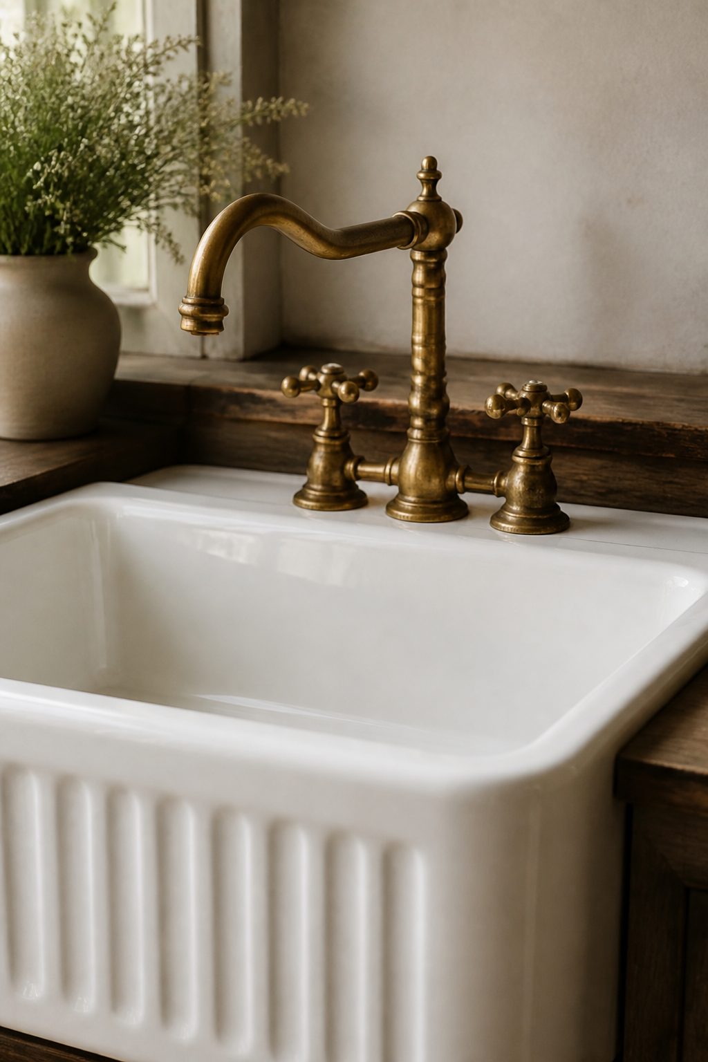 How Can I Make My Bathroom Look Like a Farmhouse 2 Vintage brass faucet on white porcelain farmhouse sink