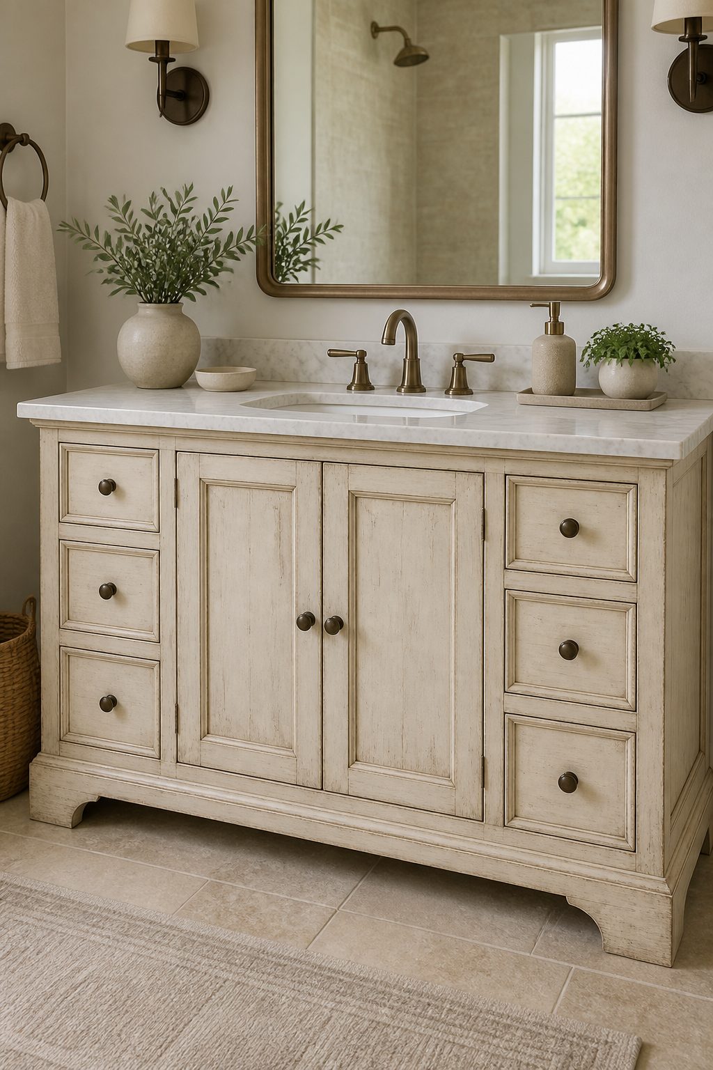 How Can I Make My Bathroom Look Like a Farmhouse 3 Cream colored bathroom vanity with weathered wood finish