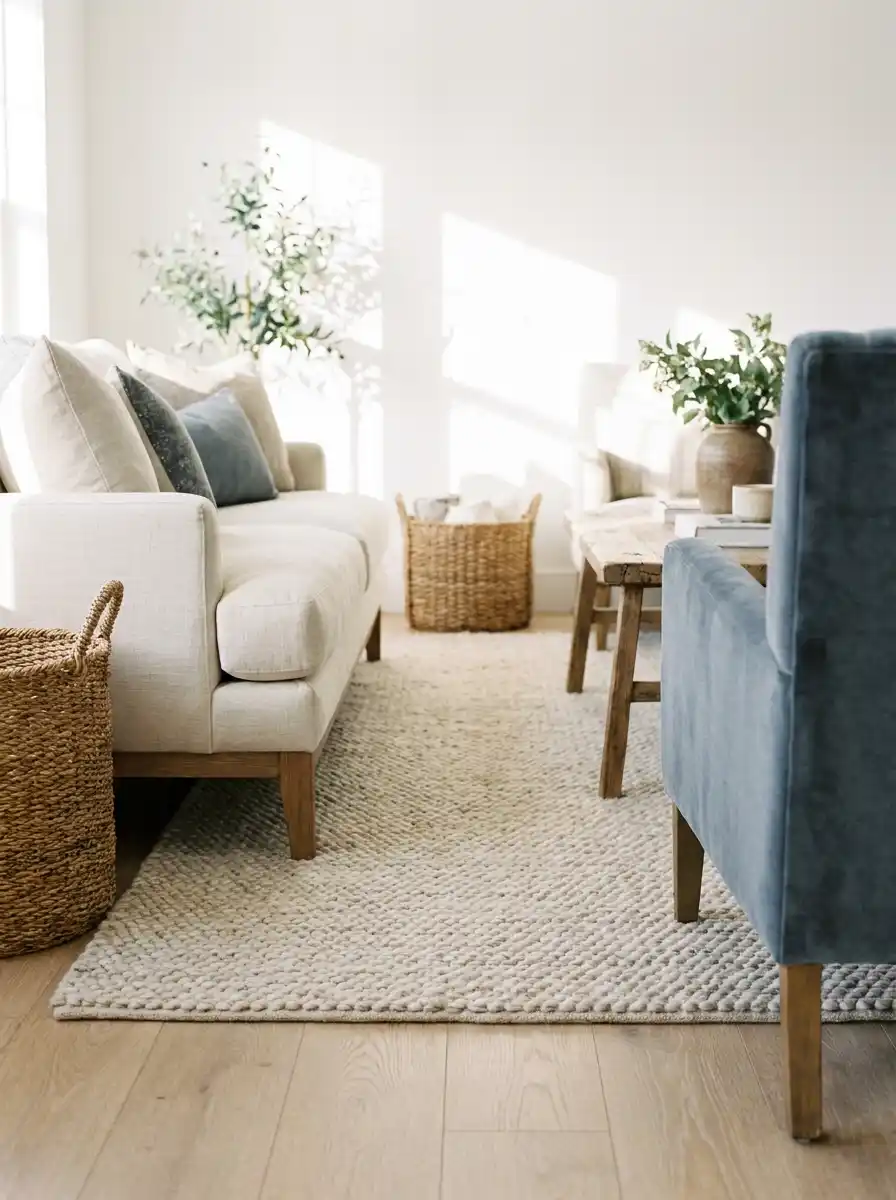 How to Lay Out a Small Living Room for Comfort and Flow 8 Anchor the seating with a rug wide enough to catch every front leg