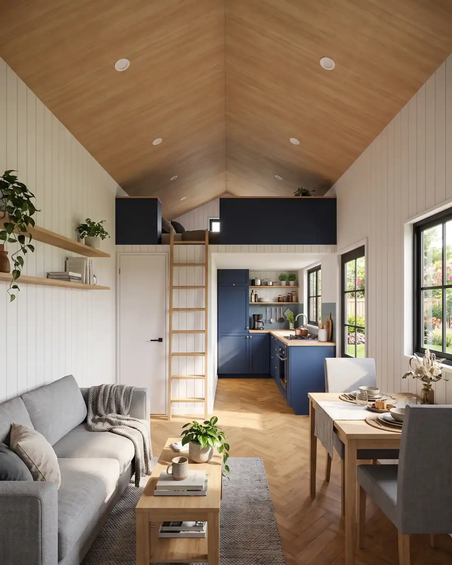 16. Herringbone Floor Leading to a Navy Kitchen