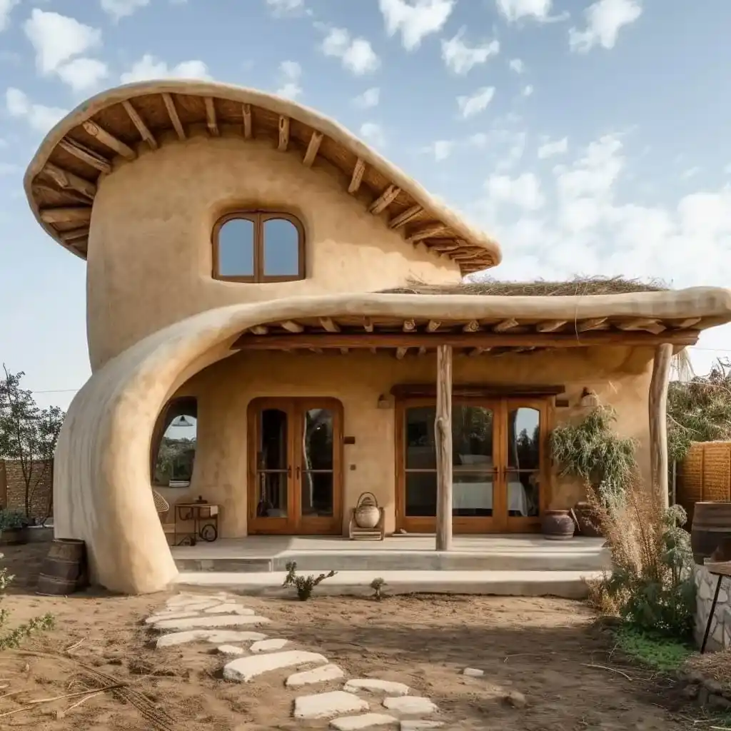 6. Curved Clay House with Covered Porch