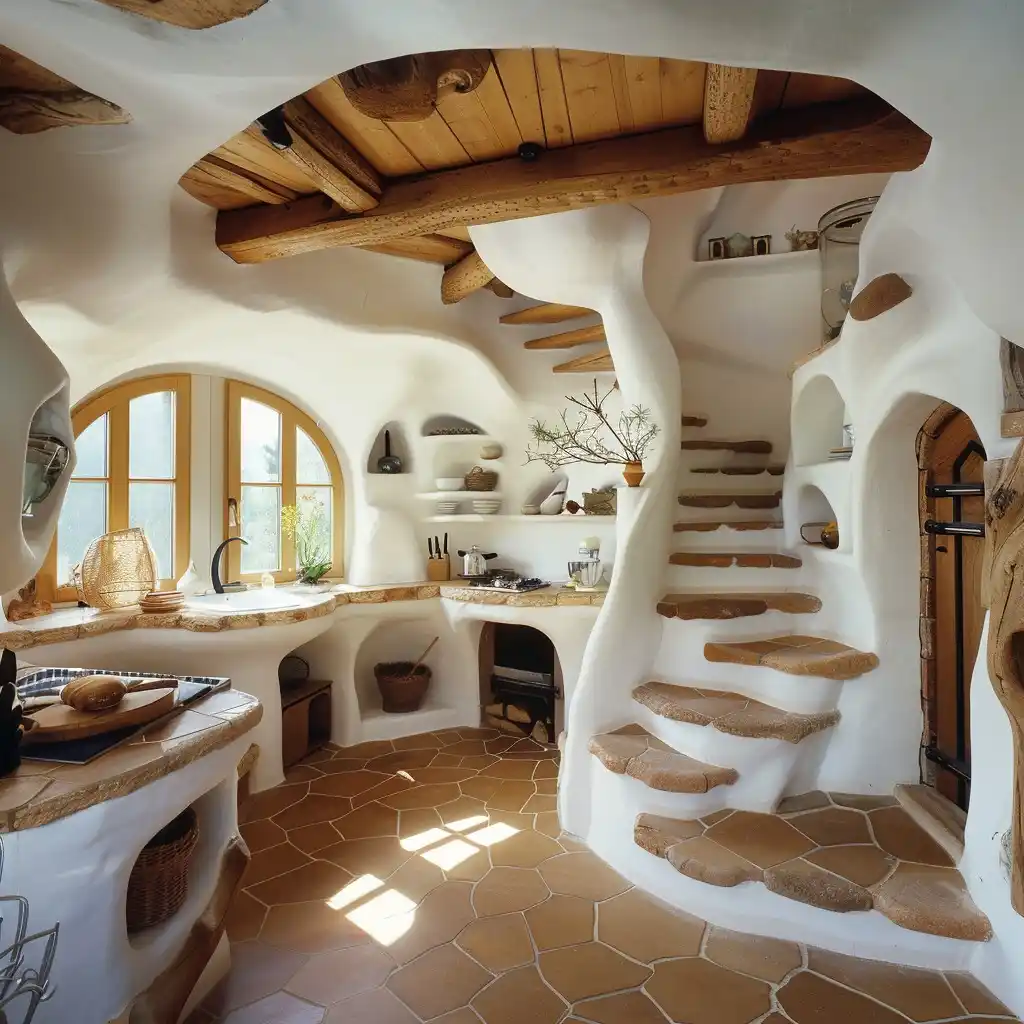 1. Sculpted Cob Kitchen with Spiral Staircase