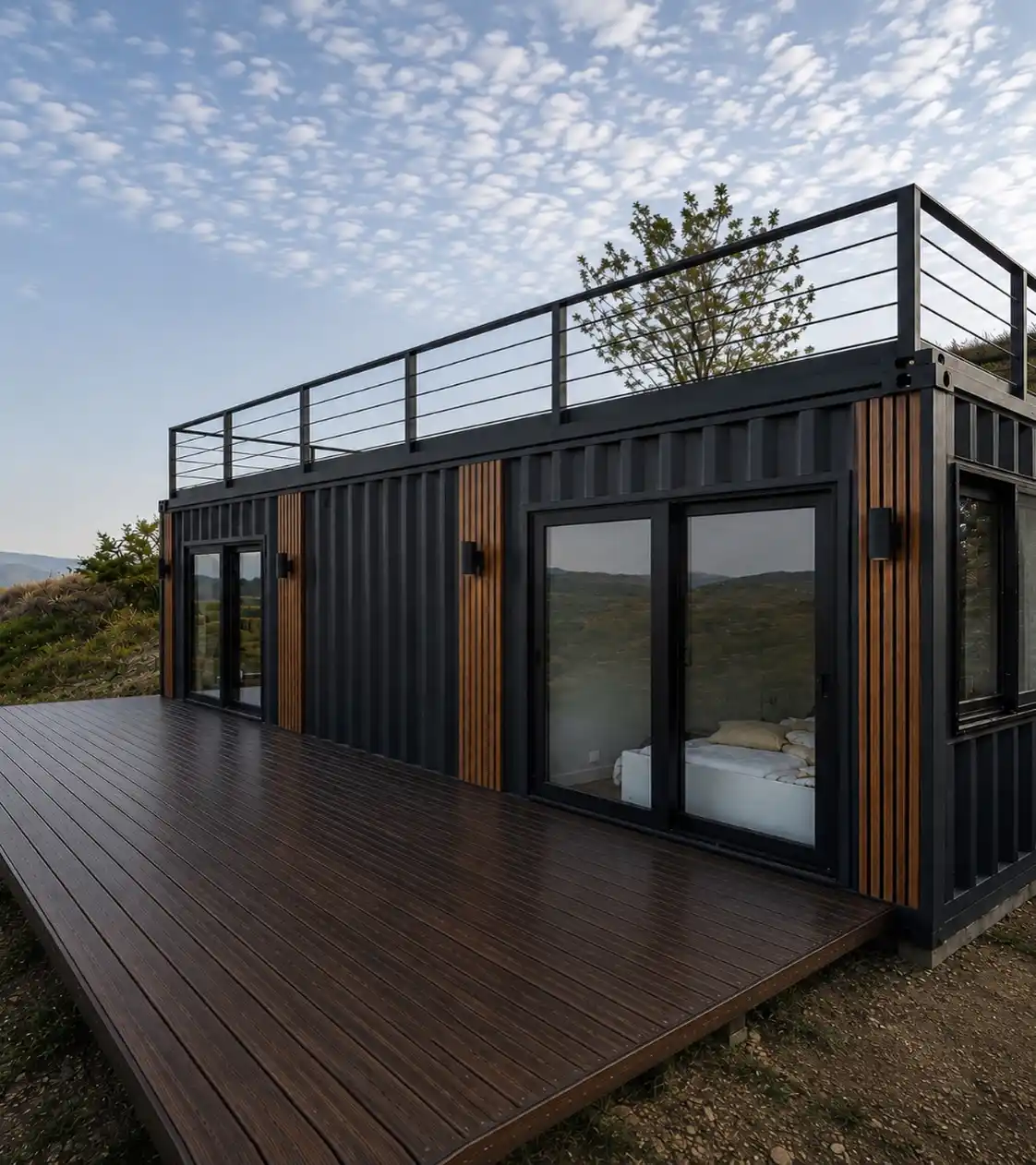 10. Black Container Home with Wood Slat Accents