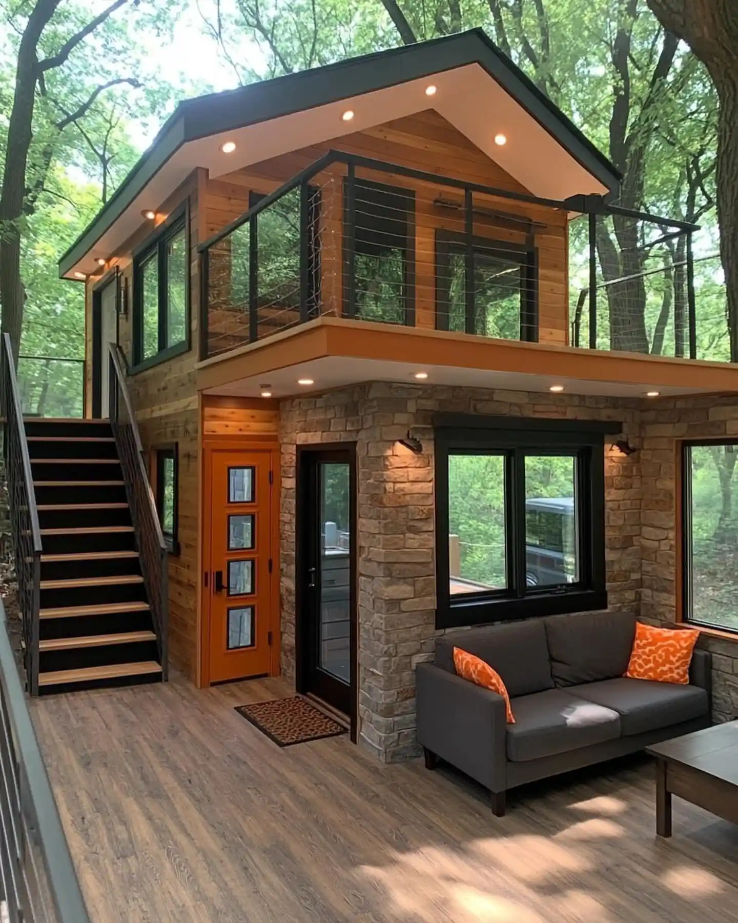 13. Two Story Treehouse Cabin with Stone and Cedar