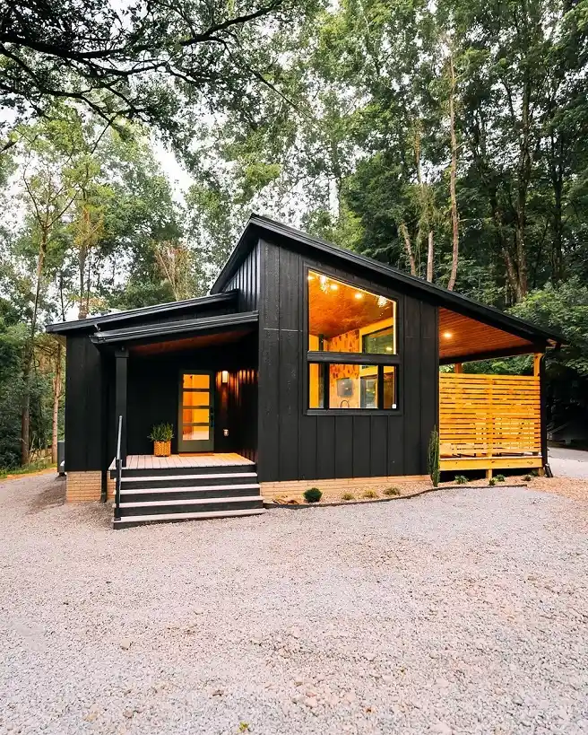 15 Tiny House Ideas for Couples Who Live Small Full-Time 3 2. Black Board Siding With Honey Wood Warmth