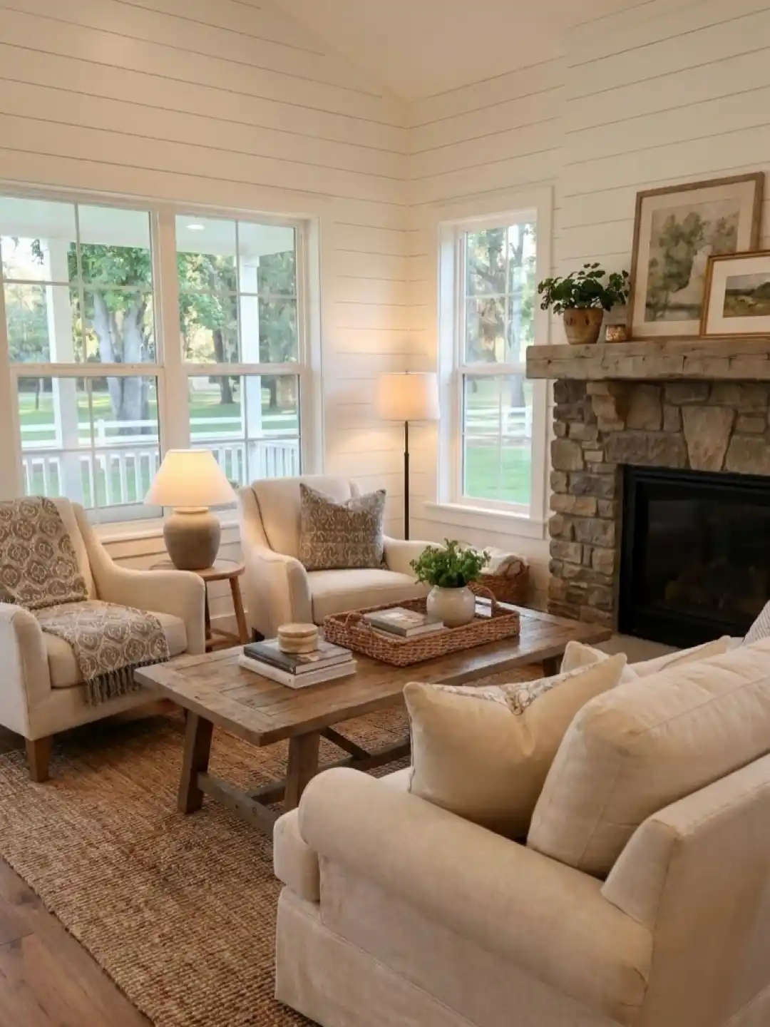 3. Cozy Shiplap Living Room with Stone Fireplace