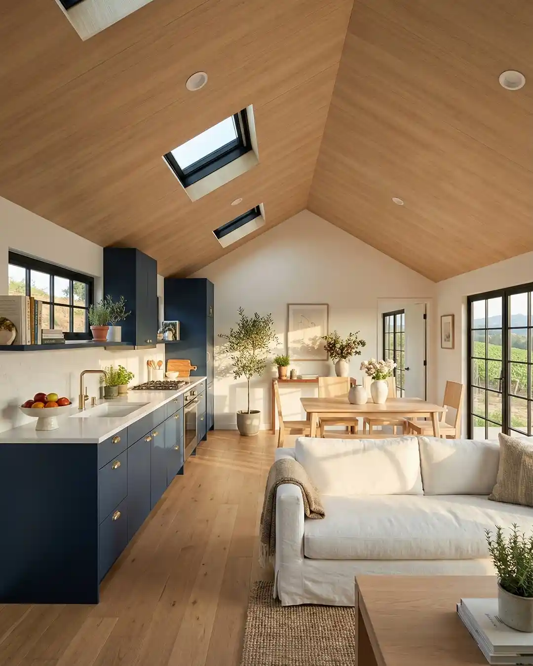 17. Navy Kitchen Under a Wood Plank Vaulted Ceiling