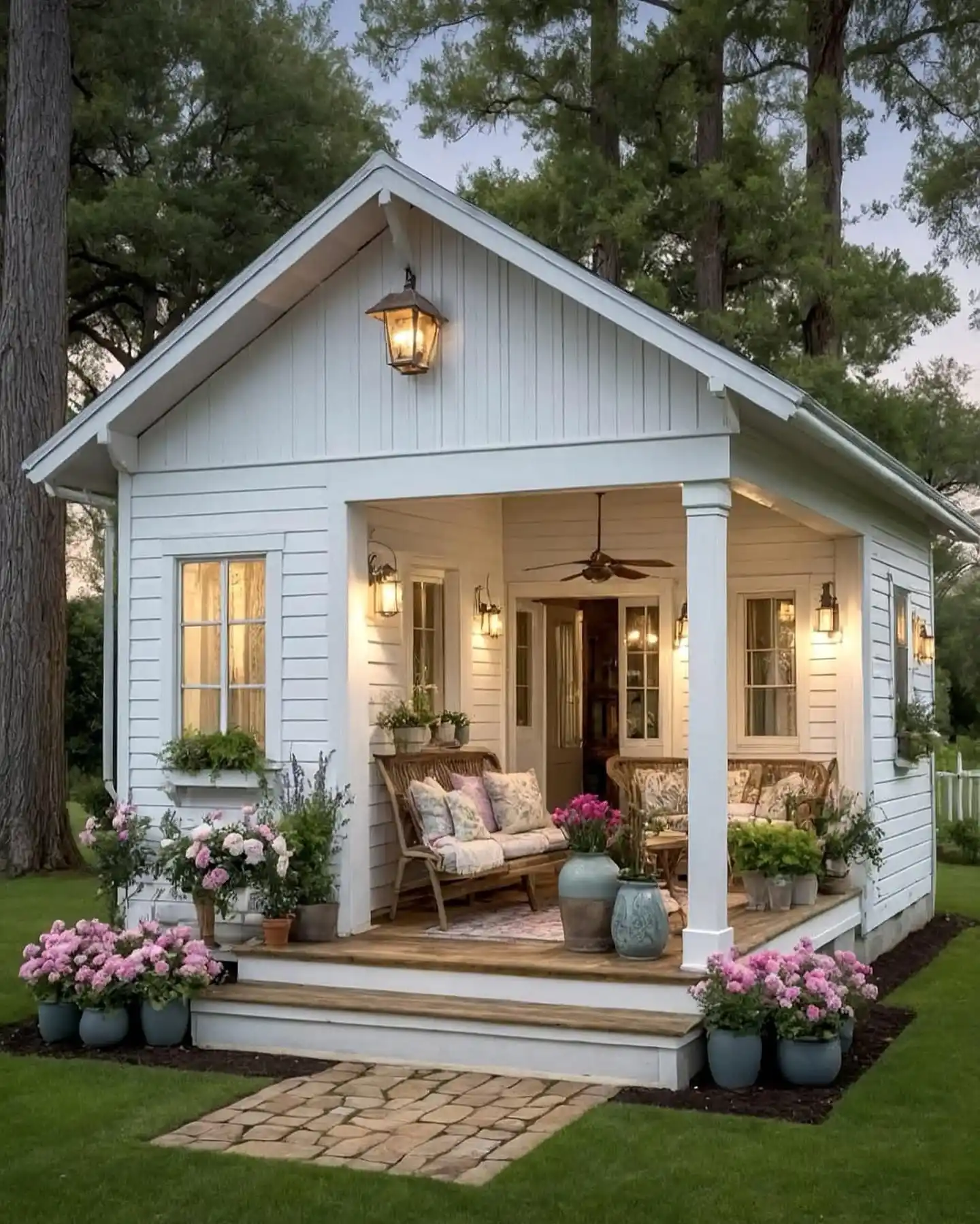 6. Cottage Style Tiny House with Flower Filled Porch