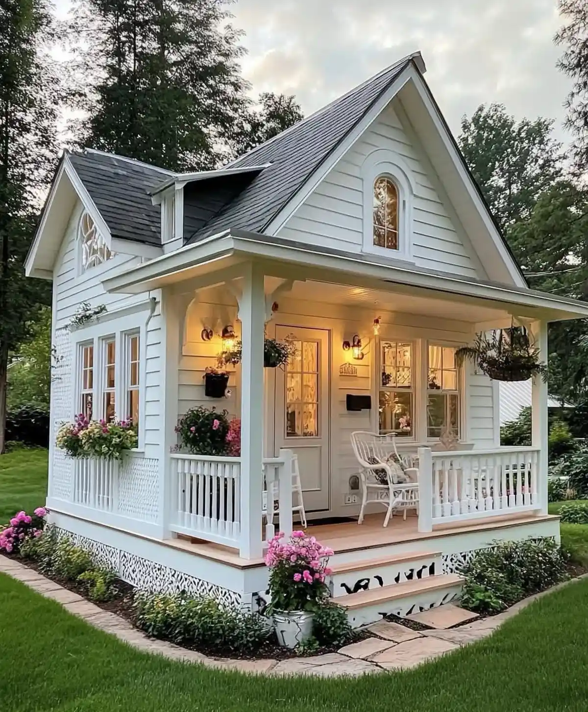 9. Victorian Inspired Tiny House with Lattice Trim and Hanging Baskets