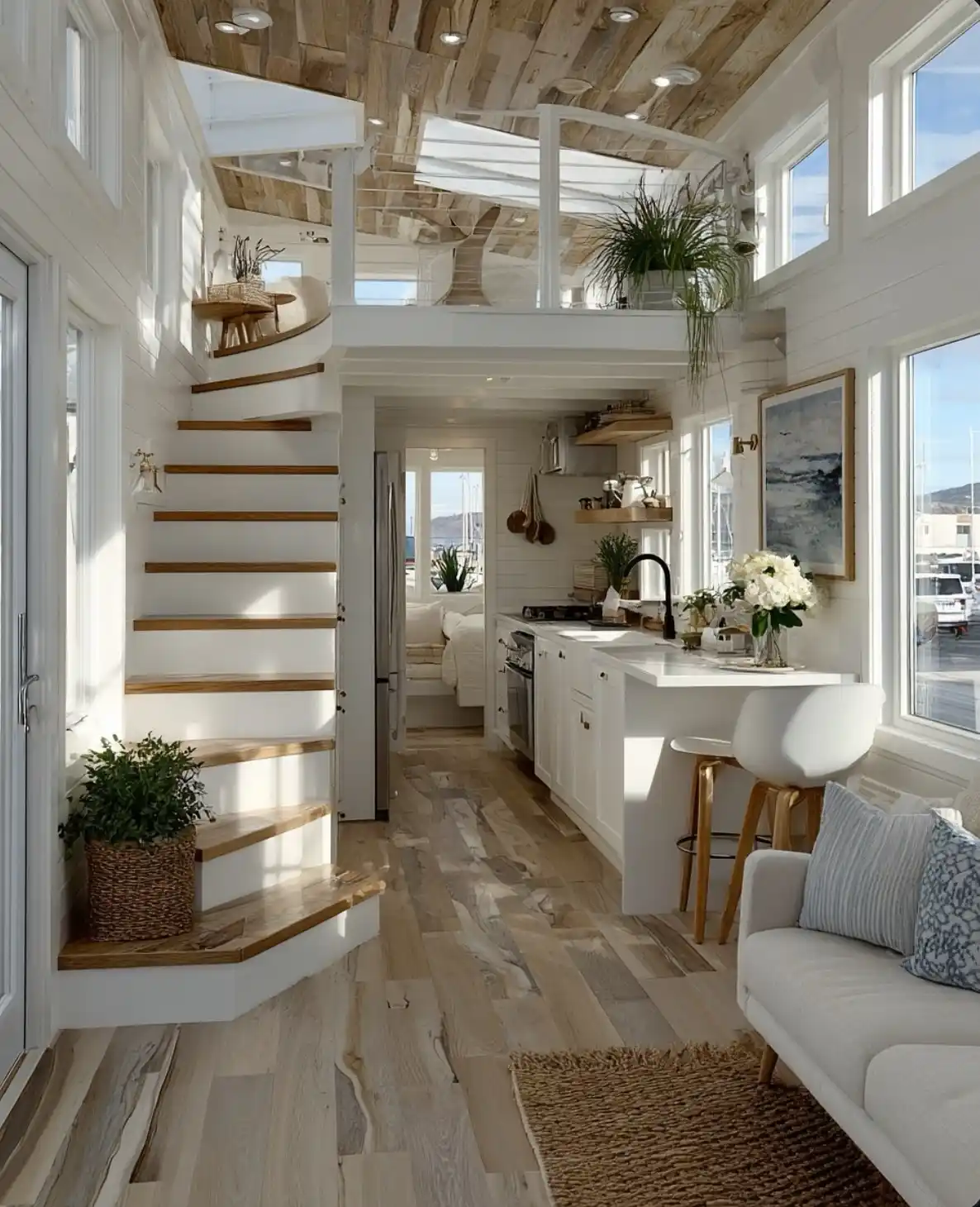 15 Tiny House Decor Ideas That Make Small Spaces Look Stylish 15 14. Curved Stairs and Pale Planks by the Water