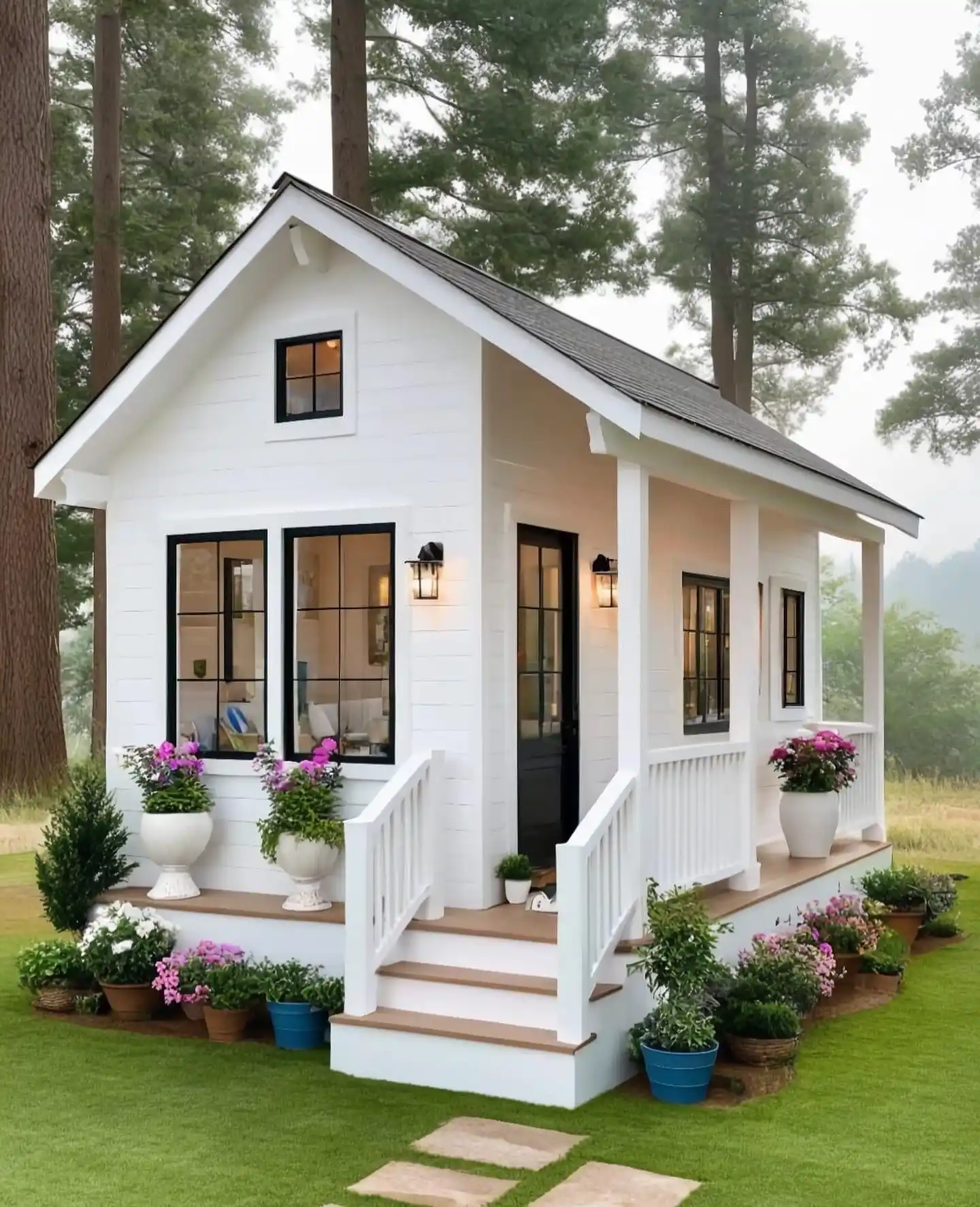13. Bright White Tiny House with Black Framed Windows and Potted Blooms Smooth white siding and a dark shingle roof give this small home a clean, fresh face. Two wide black framed windows look into a sunny room. A small square window sits high in the gable and adds balance to the front. Tall black doors open from a covered porch with white railings. Stone urns hold pink flowers on the left deck. Clay pots and blue planters fill the steps with color. Wide pavers lead across the grass, and tall pines frame the whole scene.