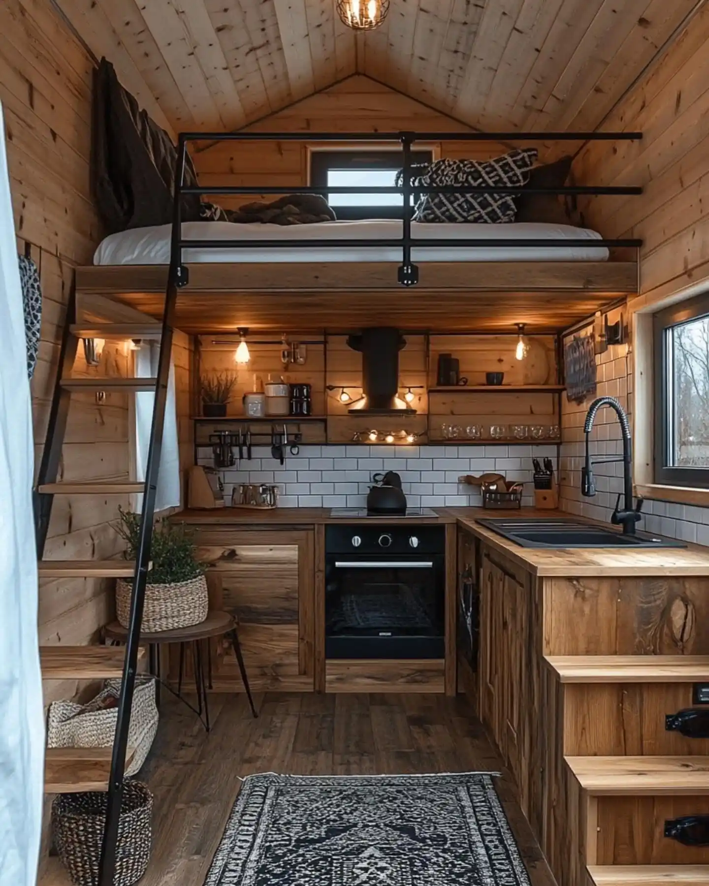 7. Rustic Wood Cabin Interior with Loft Bed and Black Accents