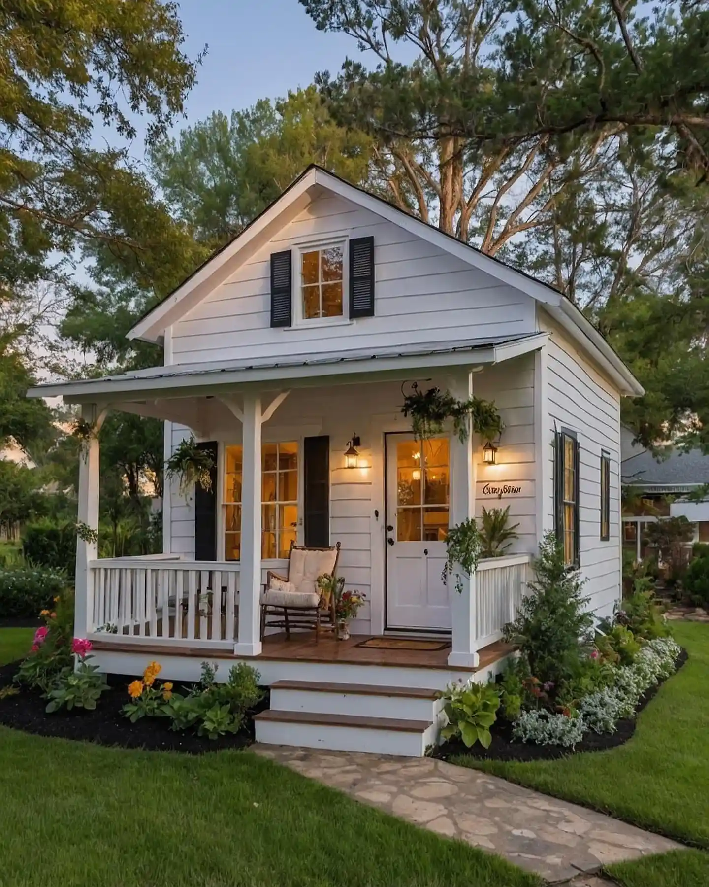12. Classic White Tiny Farmhouse with Black Shutters and Rocking Chair Porch