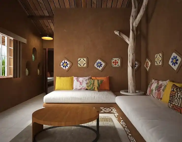 8. Homestead Cob Living Room with Tile Accents