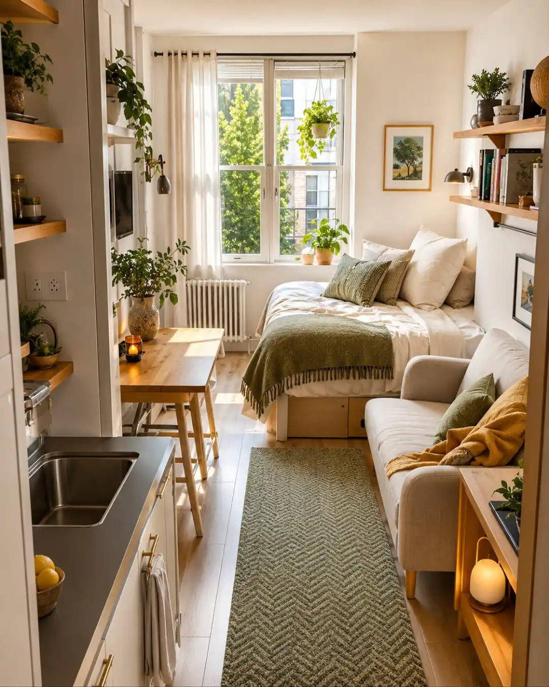 15 Tiny House Decor Ideas That Make Small Spaces Look Stylish 13 12. Sage Green and Honey Wood in a Narrow Studio