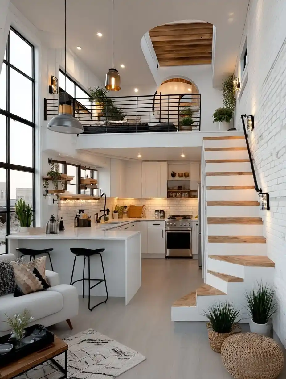 1. Japandi Loft Living With White Brick and Warm Oak